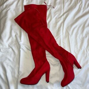 Red suede over the knee boots